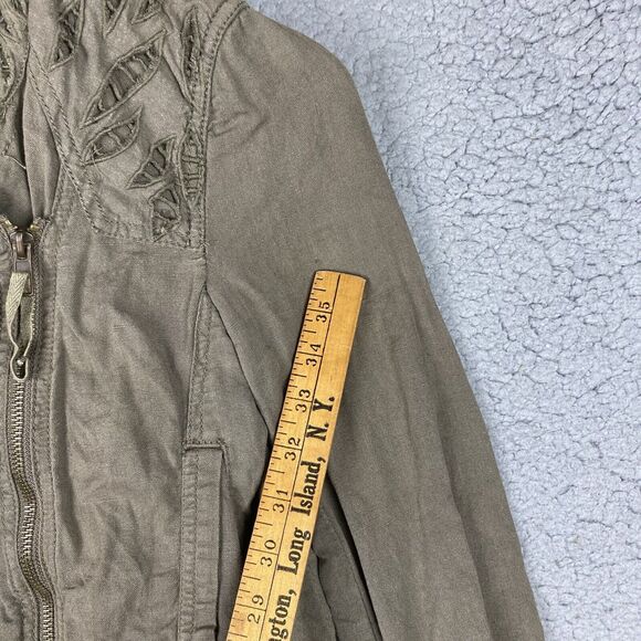 Free People Moto Jacket Olive Green Eyelet Lace Cutout Linen Cotton Full Zip XS - Picture 2 of 14